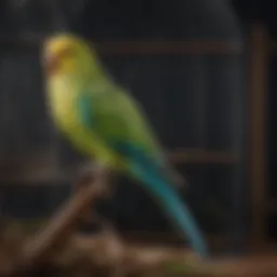 A vibrant parakeet perched on a branch inside a thoughtfully arranged bird cage.