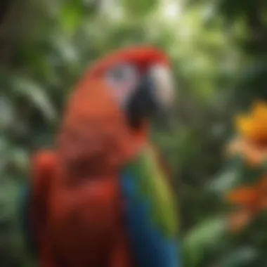 A colorful parrot sitting on a branch surrounded by tropical foliage.