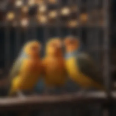 Various bird species interacting in a double cage