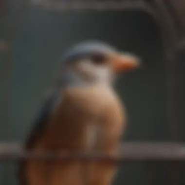 Close-up of a bird in a thoughtfully arranged cage with enrichment features.