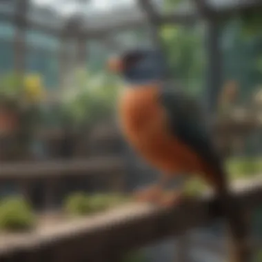 Birds interacting in a large outdoor aviary, highlighting the importance of space.