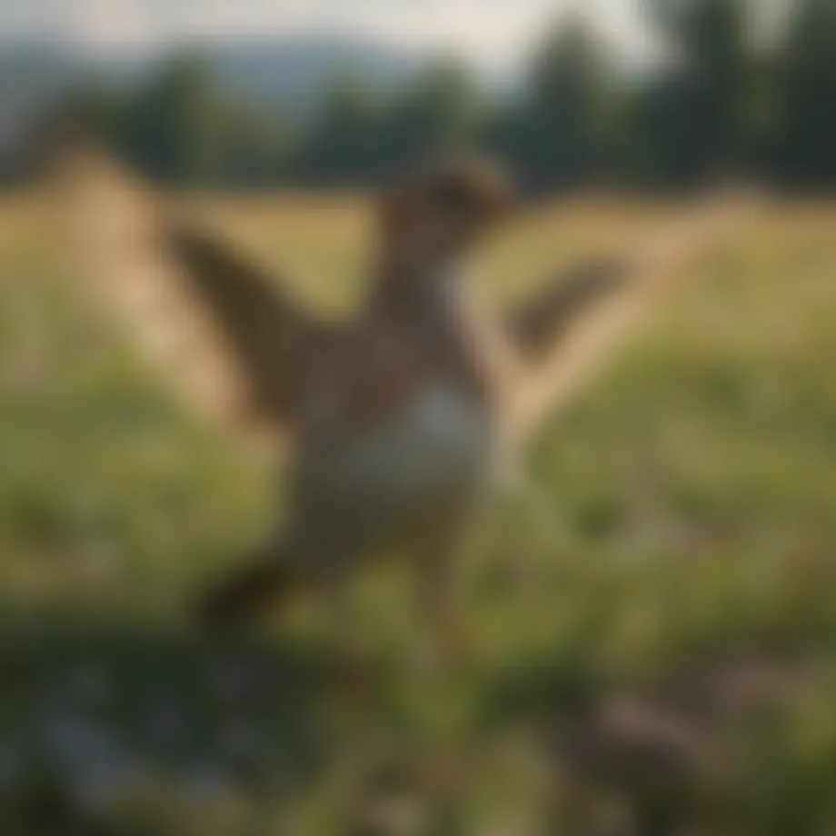 A Skylark in a grassy meadow with its wings spread