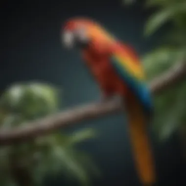 The Majestic Macaw: A Symphony of Colors A vibrant macaw perched on a branch, showcasing its colorful feathers.