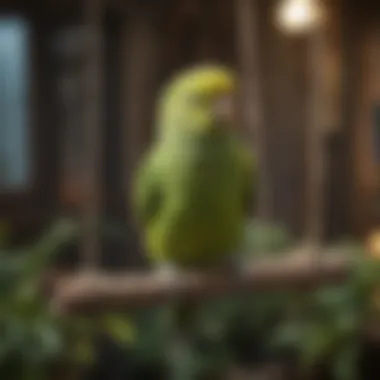 A serene parakeet resting on a swing in a cozy aviary setting.