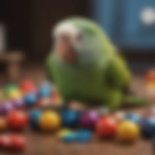 A vibrant parakeet perched on a colorful toy