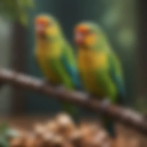 Colorful parakeets perched on a branch