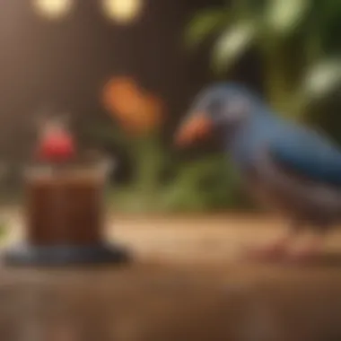 Pet Bird Interaction with the Toy A pet bird curiously observing the drinking bird toy in its environment.