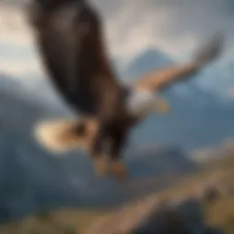 A majestic eagle soaring high above a mountainous landscape, showcasing its impressive wingspan.