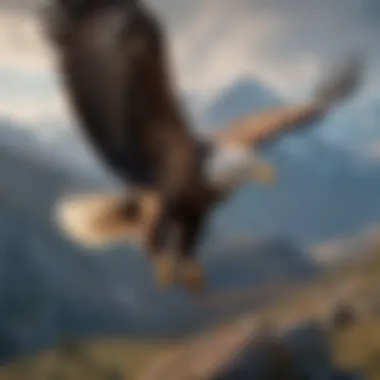 Eagle in Flight A majestic eagle soaring high above a mountainous landscape, showcasing its impressive wingspan.