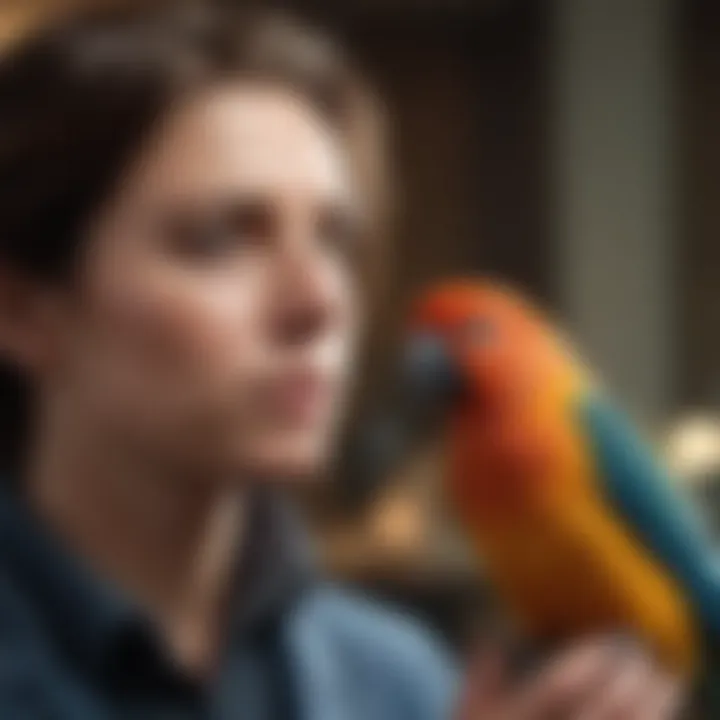 An artistic representation of the bond between pet birds and their owners in a digital art style.