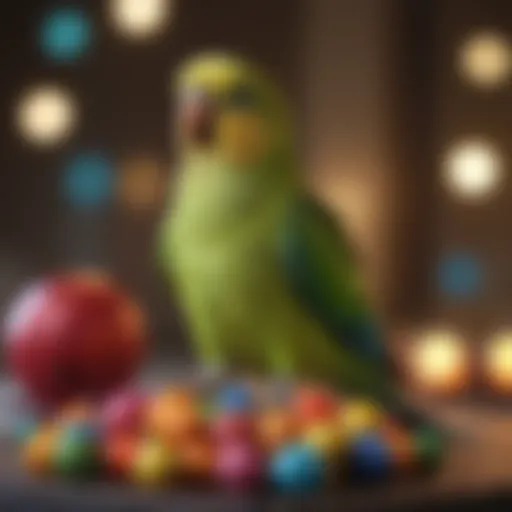 A vibrant parakeet perched on a colorful toy, embodying playful antics.