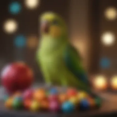 The Playfulness of Parakeets A vibrant parakeet perched on a colorful toy, embodying playful antics.
