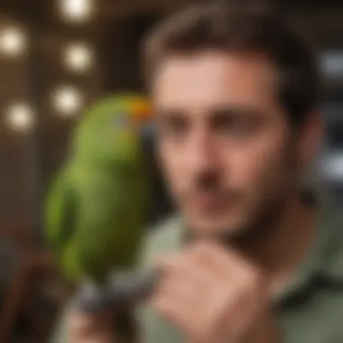 A trainer bonding with a green conure, highlighting the training process.