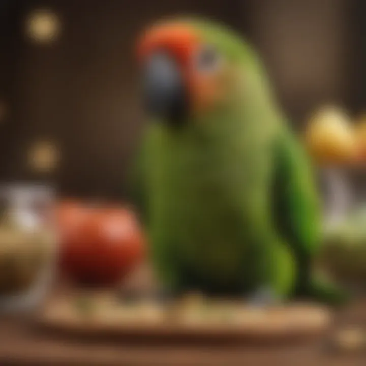 A green conure enjoying a nutritious meal, illustrating its dietary preferences.