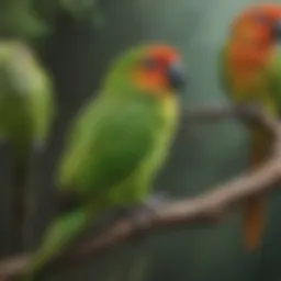 A vibrant green conure perched on a branch, showcasing its colorful feathers.