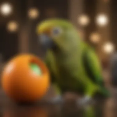 A close-up of a green conure interacting playfully with a toy.