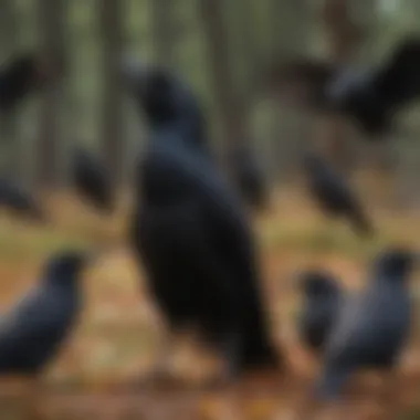 A group of crows engaging in complex social interaction