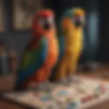 Colorful parrots perched on a crossword puzzle