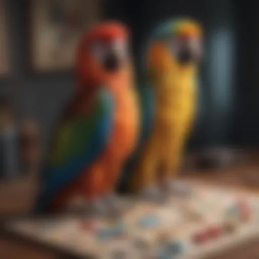 Colorful parrots perched on a crossword puzzle
