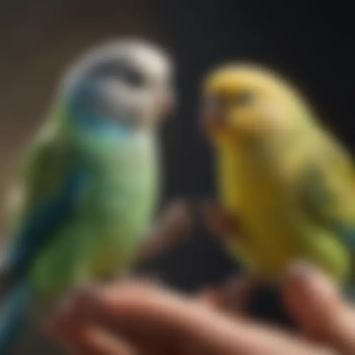 A bird owner gently training a budgie on their finger.