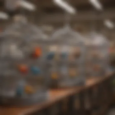 A variety of small stainless steel bird cages displayed in a pet store.