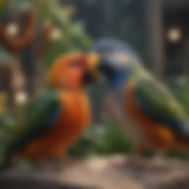 Birds Interacting in Their Outdoor Aviary Birds interacting playfully within their outdoor aviary environment
