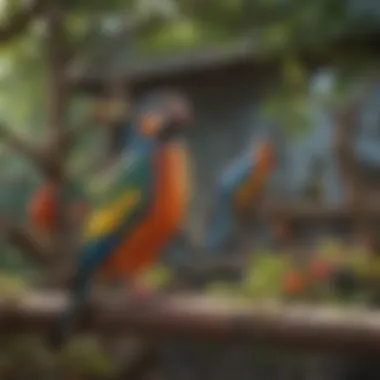 Spacious Outdoor Aviary with Colorful Birds A spacious outdoor aviary filled with colorful birds perched on branches