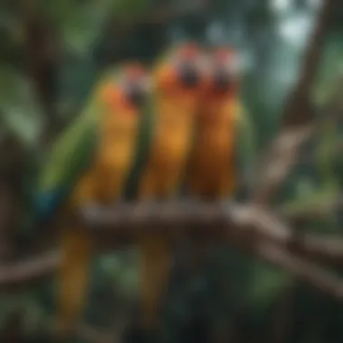 Colorful array of true parrot species perched on branches
