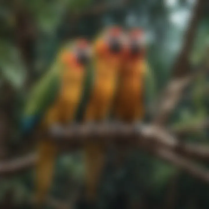 Colorful array of true parrot species perched on branches