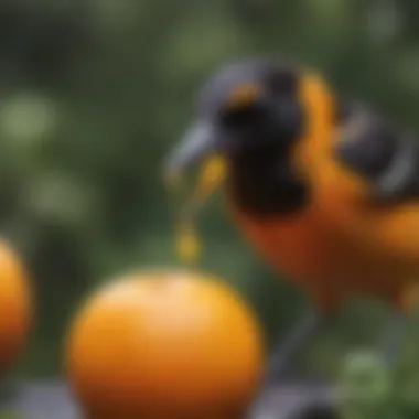 Close-up view of an oriole feeding on an orange