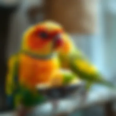 A close-up of a love bird enjoying a nutritious meal