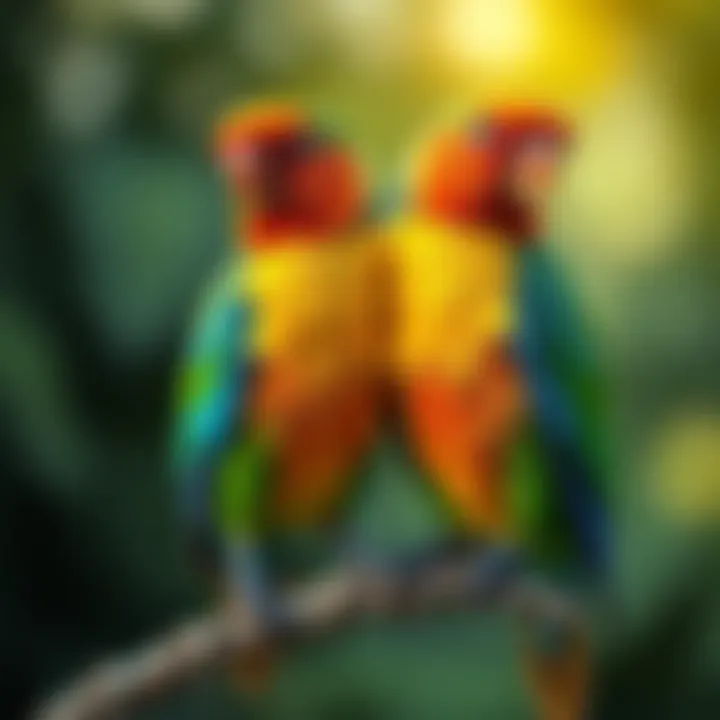 A pair of vibrant love birds perched together, showcasing their bond