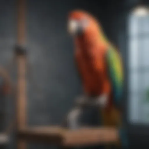 A colorful parrot perched on a training perch