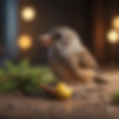 A small bird happily playing with a toy