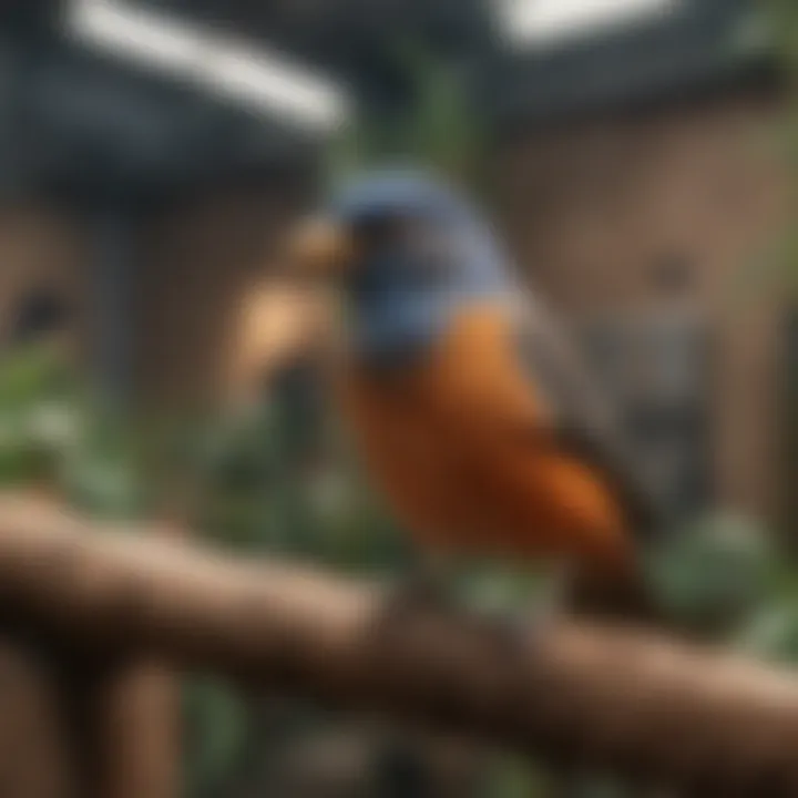 A close-up of different bird species enjoying their space in a beautifully designed aviary.