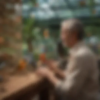 Owner Interacting with Birds in the Aviary Bird owner interacting with their pet birds inside a spacious and well-maintained aviary.