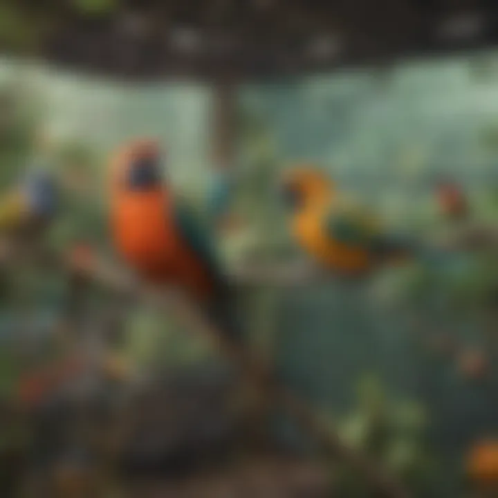 A vibrant walk-in aviary filled with various colorful birds perched on branches and flying.