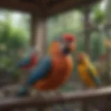 A vibrant aviary filled with various outdoor pet birds enjoying their space