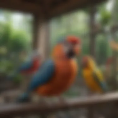 A vibrant aviary filled with various outdoor pet birds enjoying their space