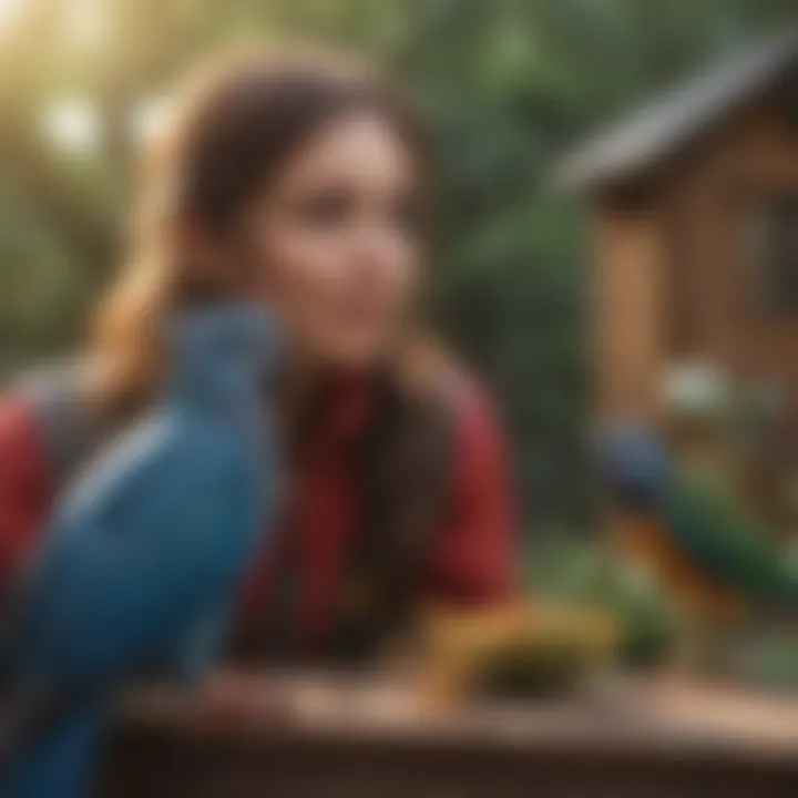 Bird owner engaging with their pet birds in a tranquil outdoor environment