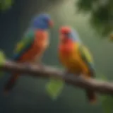 A colorful array of pet birds perched on a branch, showcasing diverse species.