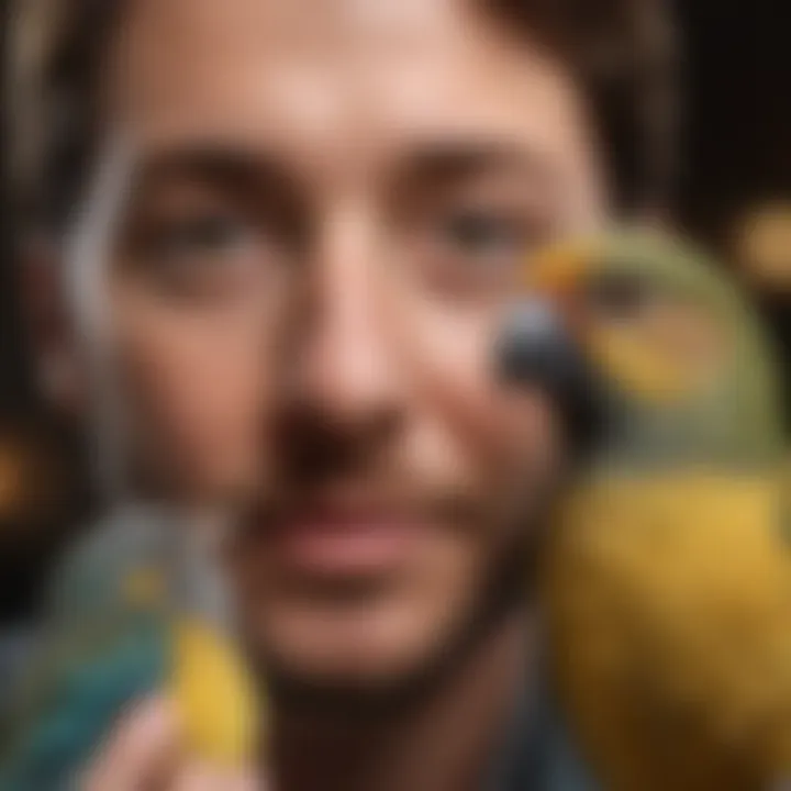 A close-up of a bird enthusiast engaging with their pet bird, highlighting the bond between them.