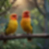 Colorful pet birds perched on branches