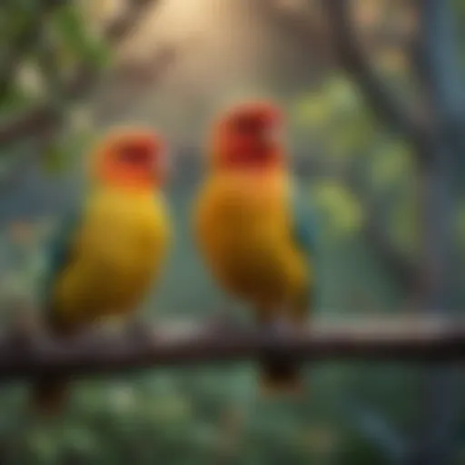 Colorful pet birds perched on branches
