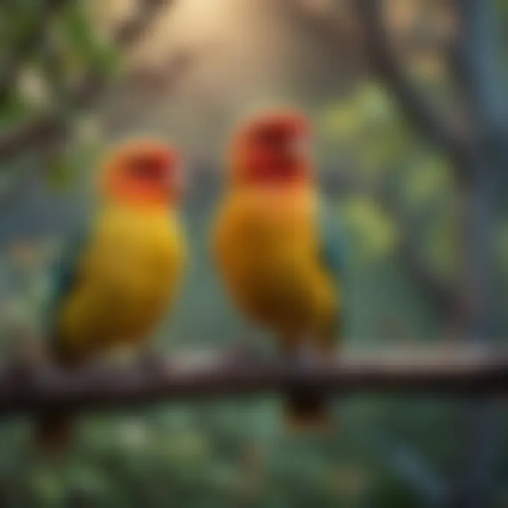 Colorful pet birds perched on branches