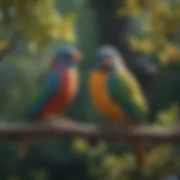 Colorful pet birds perched on branches