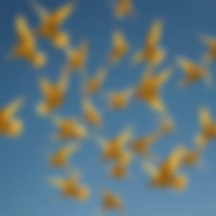 A flock of yellow birds soaring through a clear blue sky, symbolizing freedom.