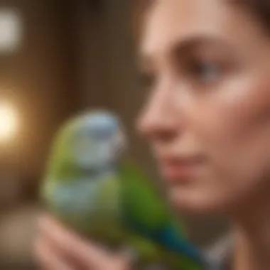 Close-up of a young parakeet interacting with a caregiver.