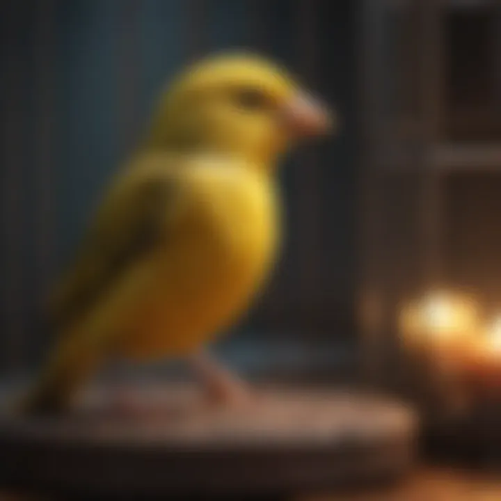 A serene canary singing melodiously in a cozy cage