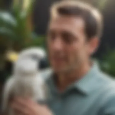 An affectionate cockatoo interacting playfully with its owner